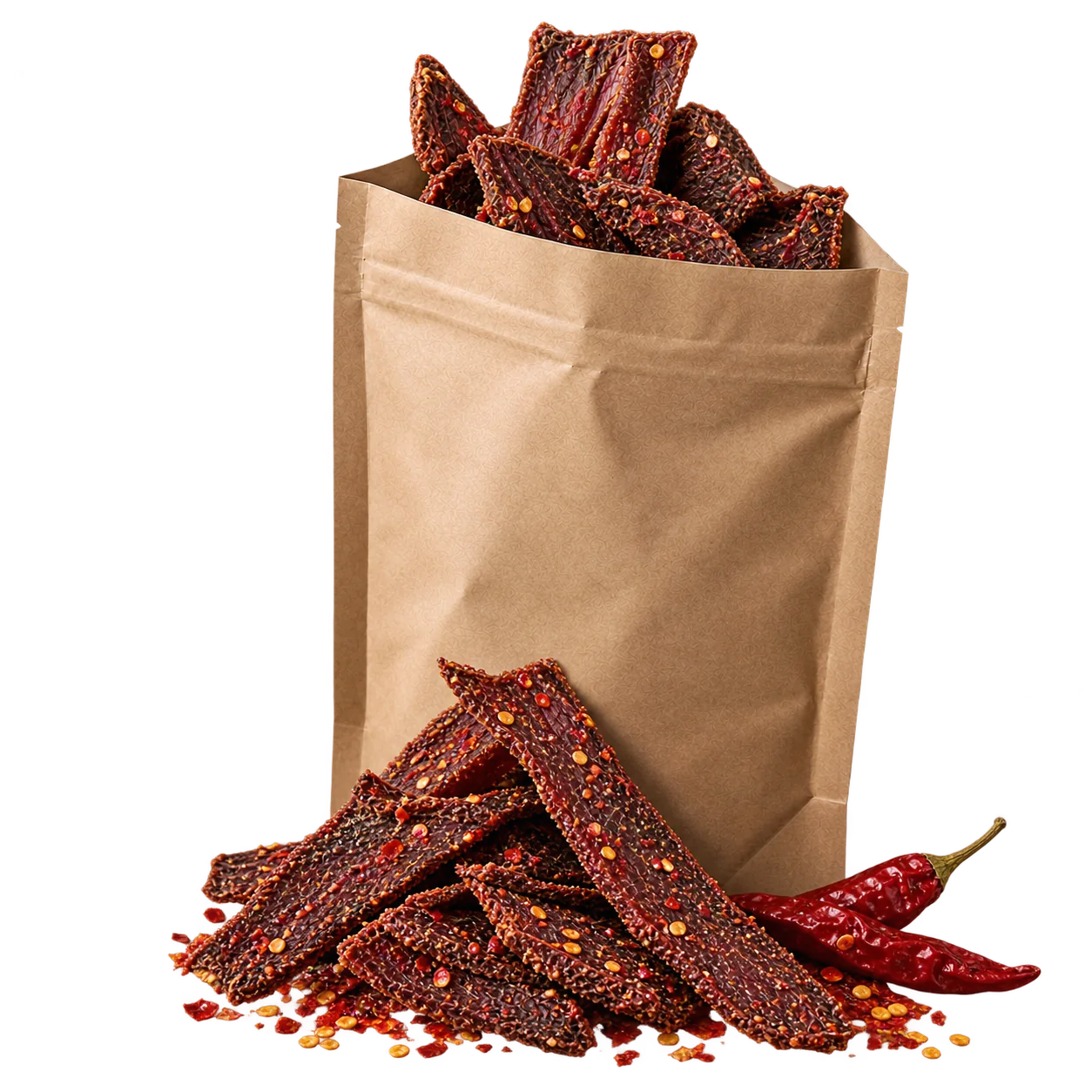 A kraft pouch of Chilli beef biltong with slices piled in front.