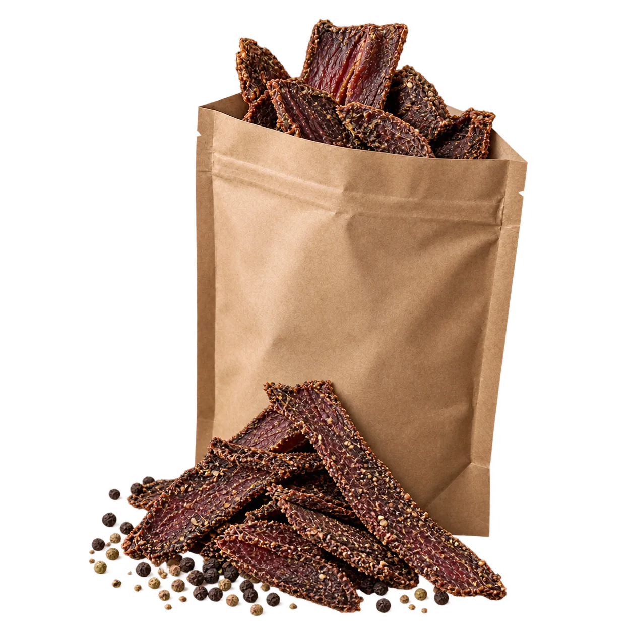A kraft pouch of Cracked Pepper beef biltong with slices piled in front.