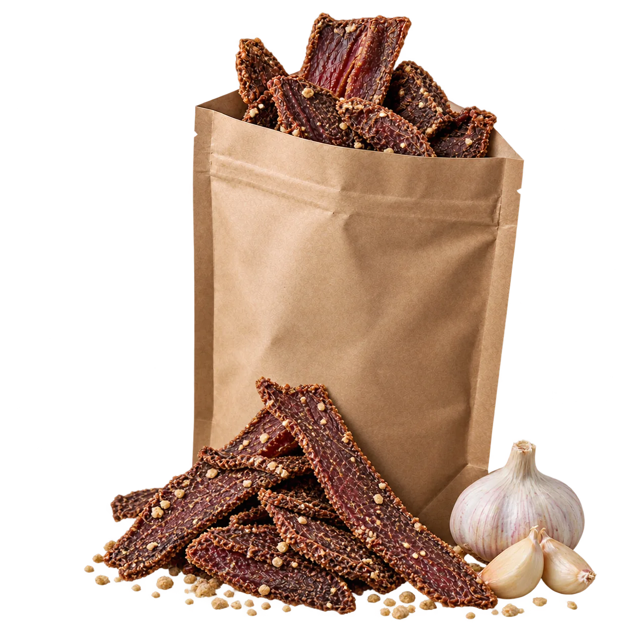 A kraft pouch of Garlic beef biltong with slices piled in front.