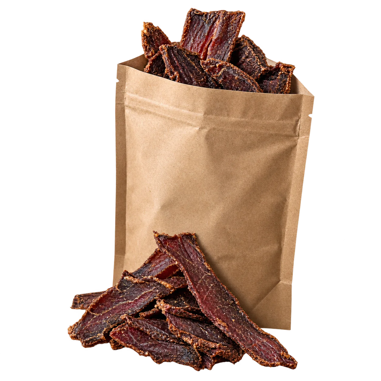 A kraft pouch of Original beef biltong with slices piled in front.